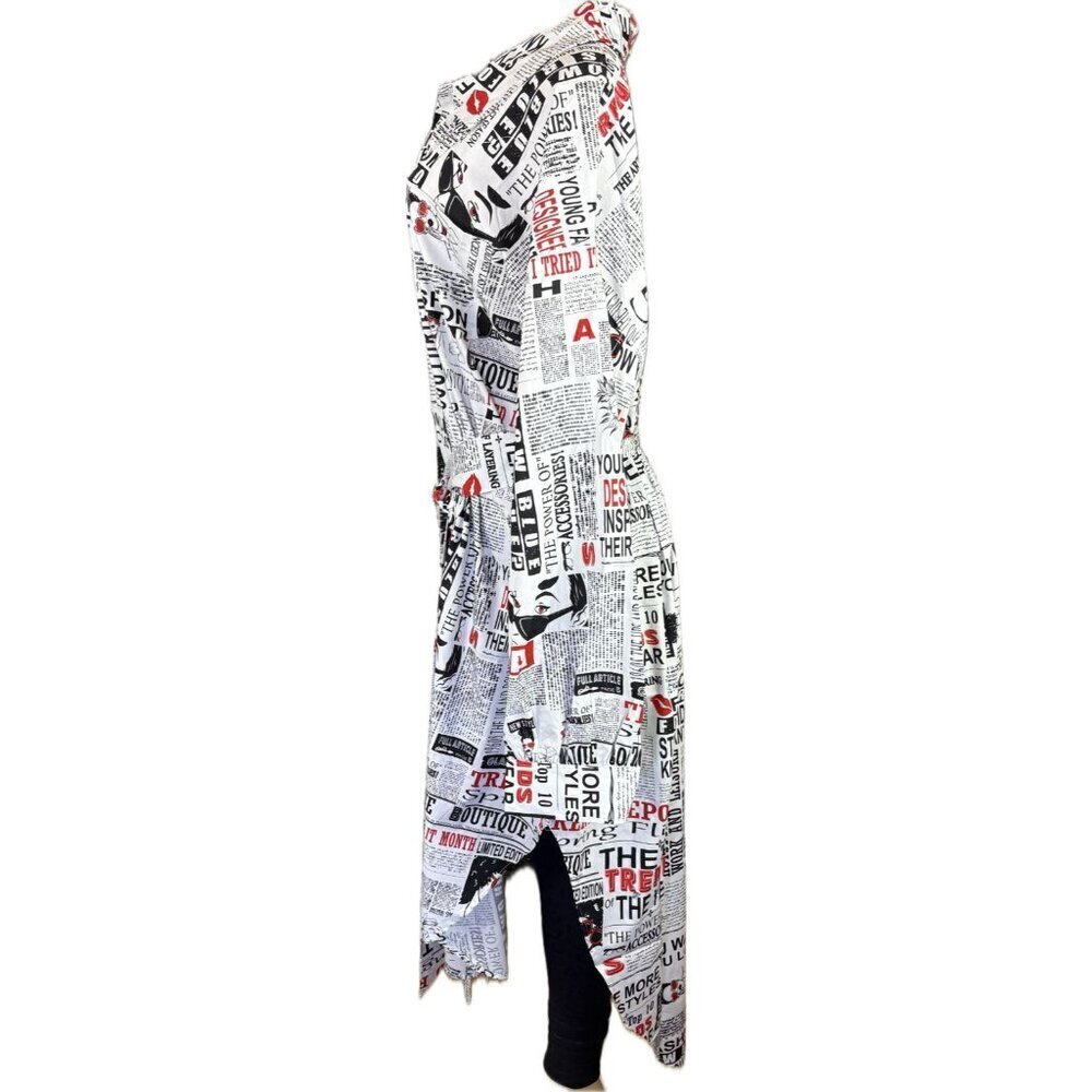 FTF +4X Fashion Newspaper Print Button Collar Belt Long Sleeve Hi-Low Midi Dress - Picture 5 of 6